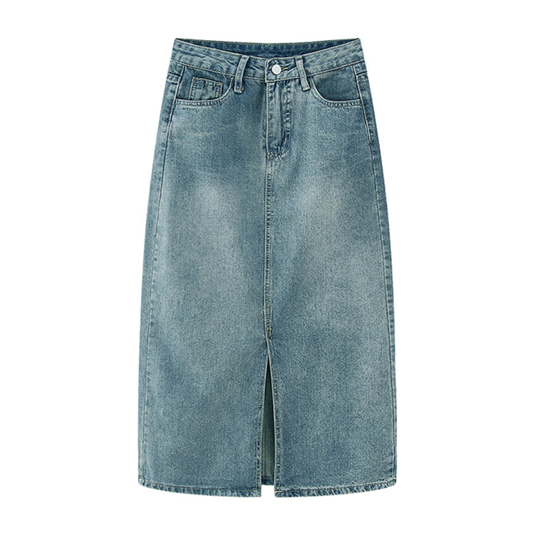 Jupe longue en jean fendue taille haute pour femme, coupe trapèze rétro délavée, longue et droite, couvrant les hanches, pour un port décontracté et confortable