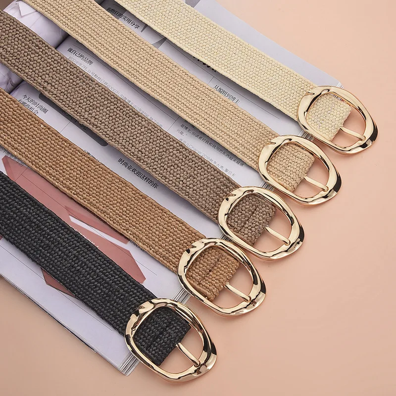 Ceinture élastique en paille tissée de style bohème à la mode, ceinture à la taille pour femme avec boucle ronde tendance, polyvalente