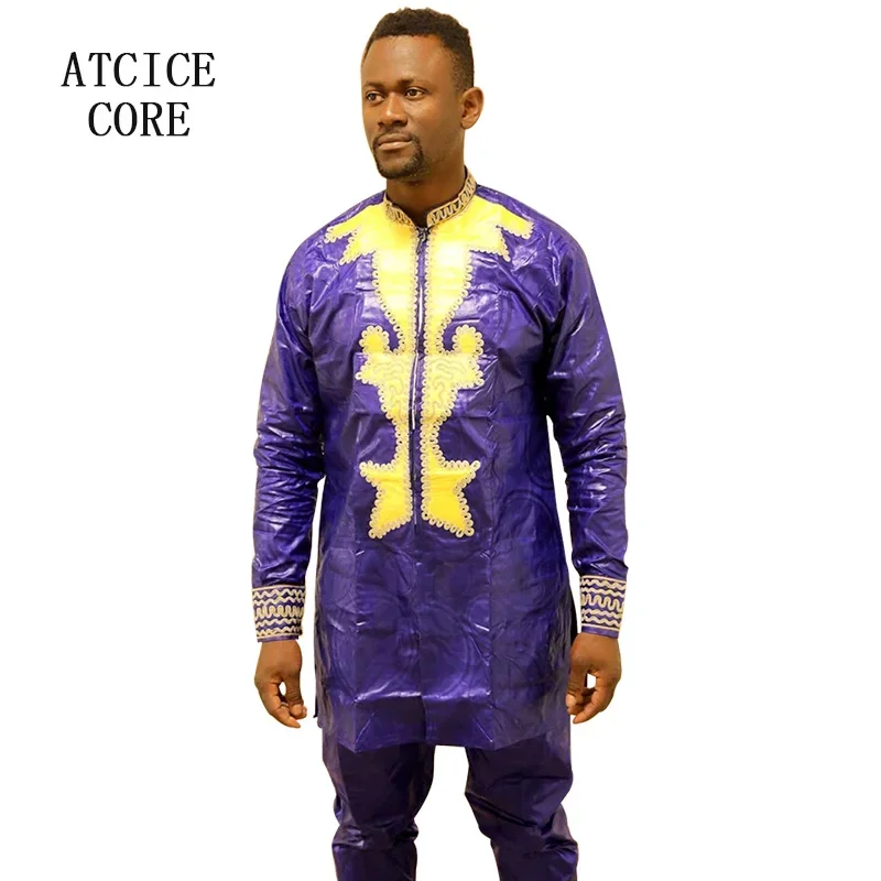 Robe africaine en bazin riche pour hommes et femmes, haut avec pantalon, motif de broderie