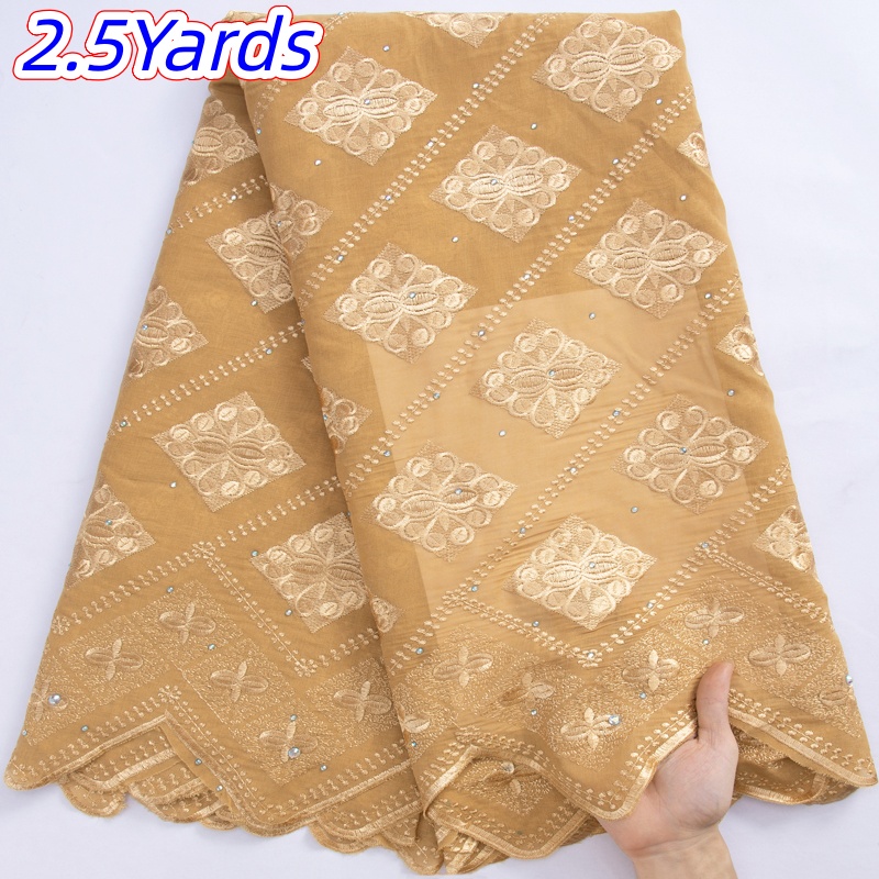 Tissu en dentelle de coton africain brodé, voile suisse de haute qualité avec pierres pour robes de mariée et de soirée pour femmes, 2,5 yards