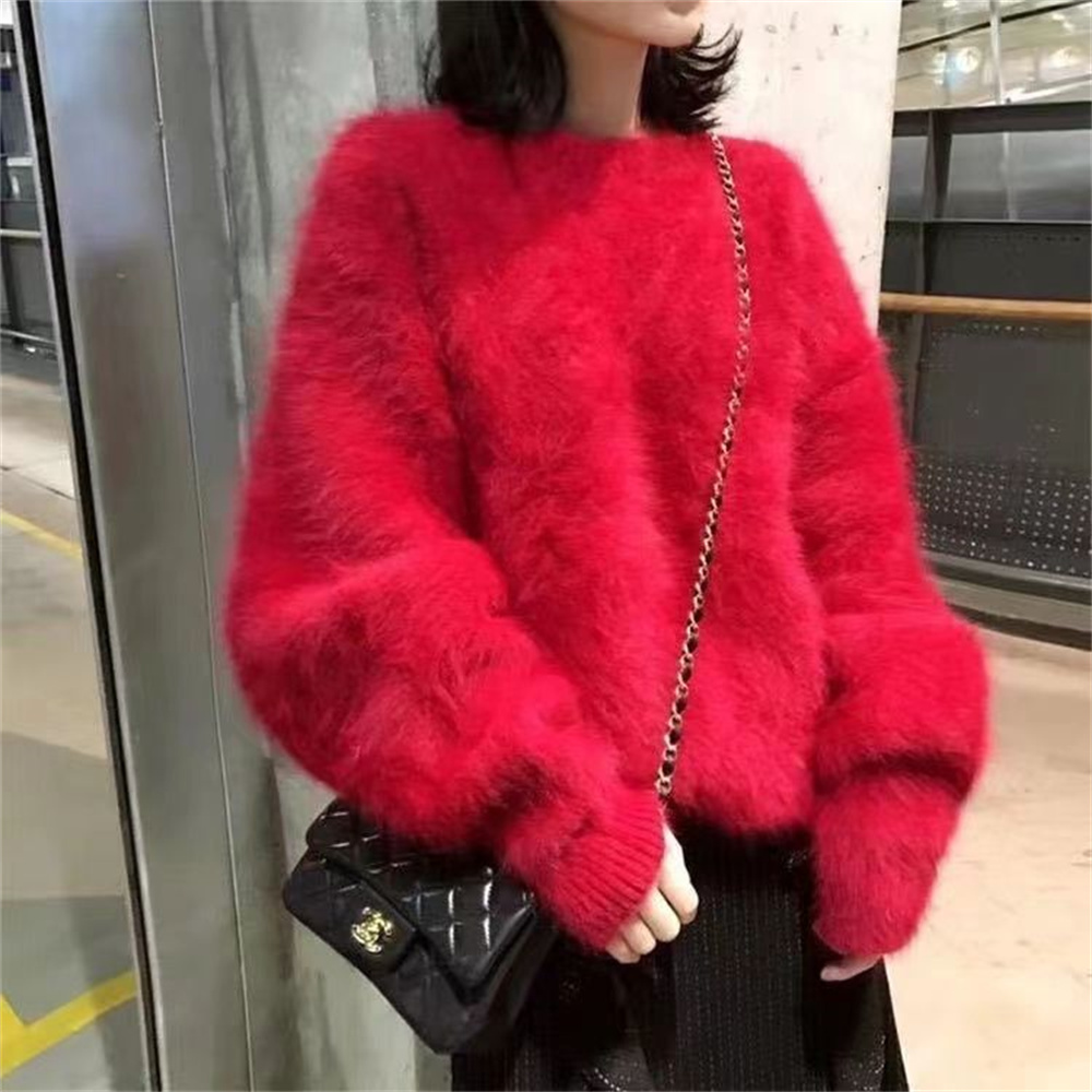 Pull à Col Rond en Velours de Vison pour Femme, Vêtement de Couleur Unie, Nouvelle Collection Automne-Hiver 2025