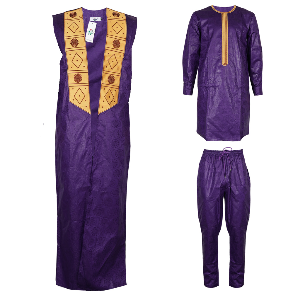 Vêtements africains pour hommes, Bazin Riche, design brodé, hauts à manches longues et pantalons, ensembles 3 pièces, tenue traditionnelle violette