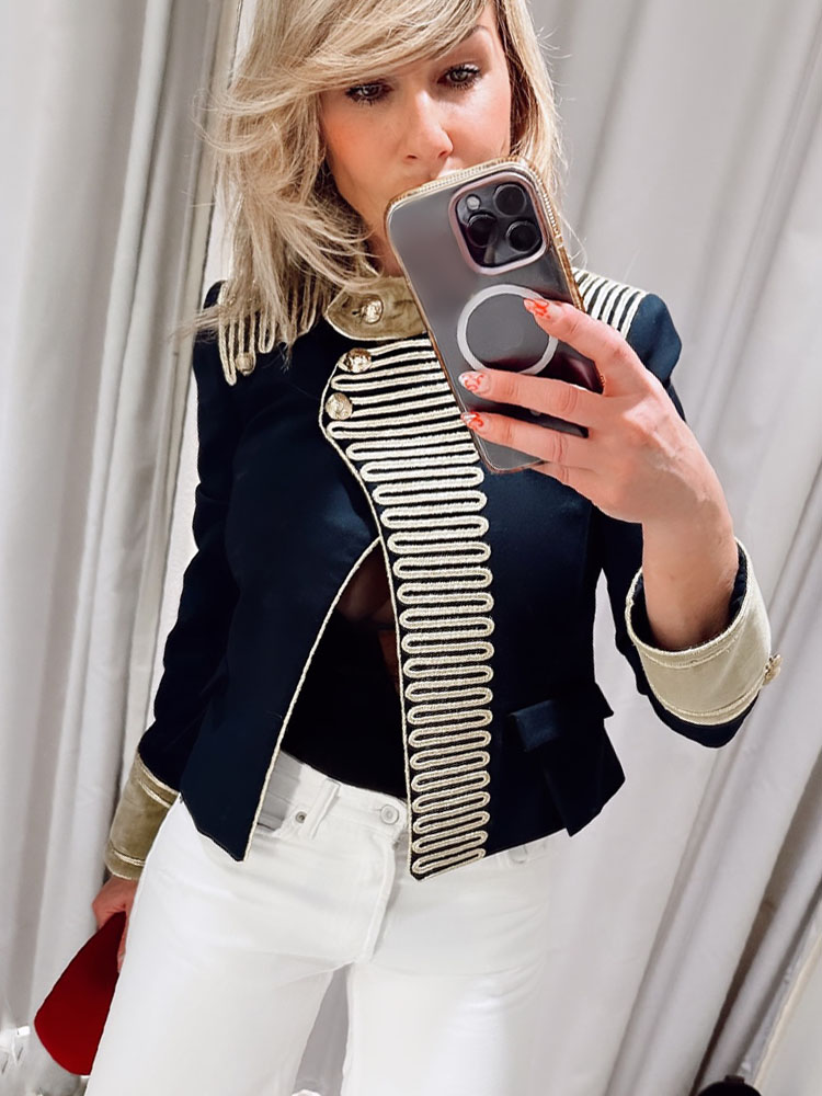 HH Veste Courte Élégante Femme à Manches Longues, Simple Boutonnage, Col Montant Décoré, Coupe Slim, Style Décontracté, Tendance Urbaine