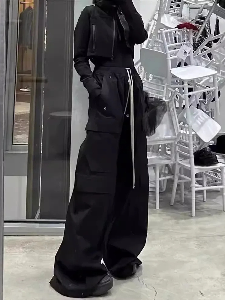 Pantalon noir cargo multi-poches pour homme, pantalon décontracté, jambe large, style américain, nouveau, printemps, été, 2025