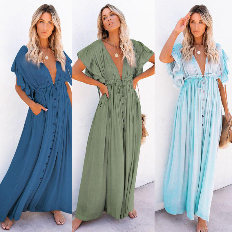 Robe de plage longue à lacets pour femmes, Cover-Up pour Bikini, couleur unie, col en v, Kimono, Anti-soleil, jupe Sarong bohème, été, 2024