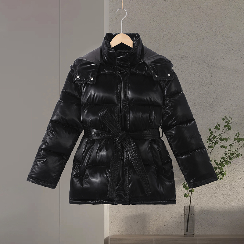 Doudoune brillante et élégante pour femme, à capuche, ceinture définie, poches épaisses, manteaux à manches longues, veste d'hiver pour femme