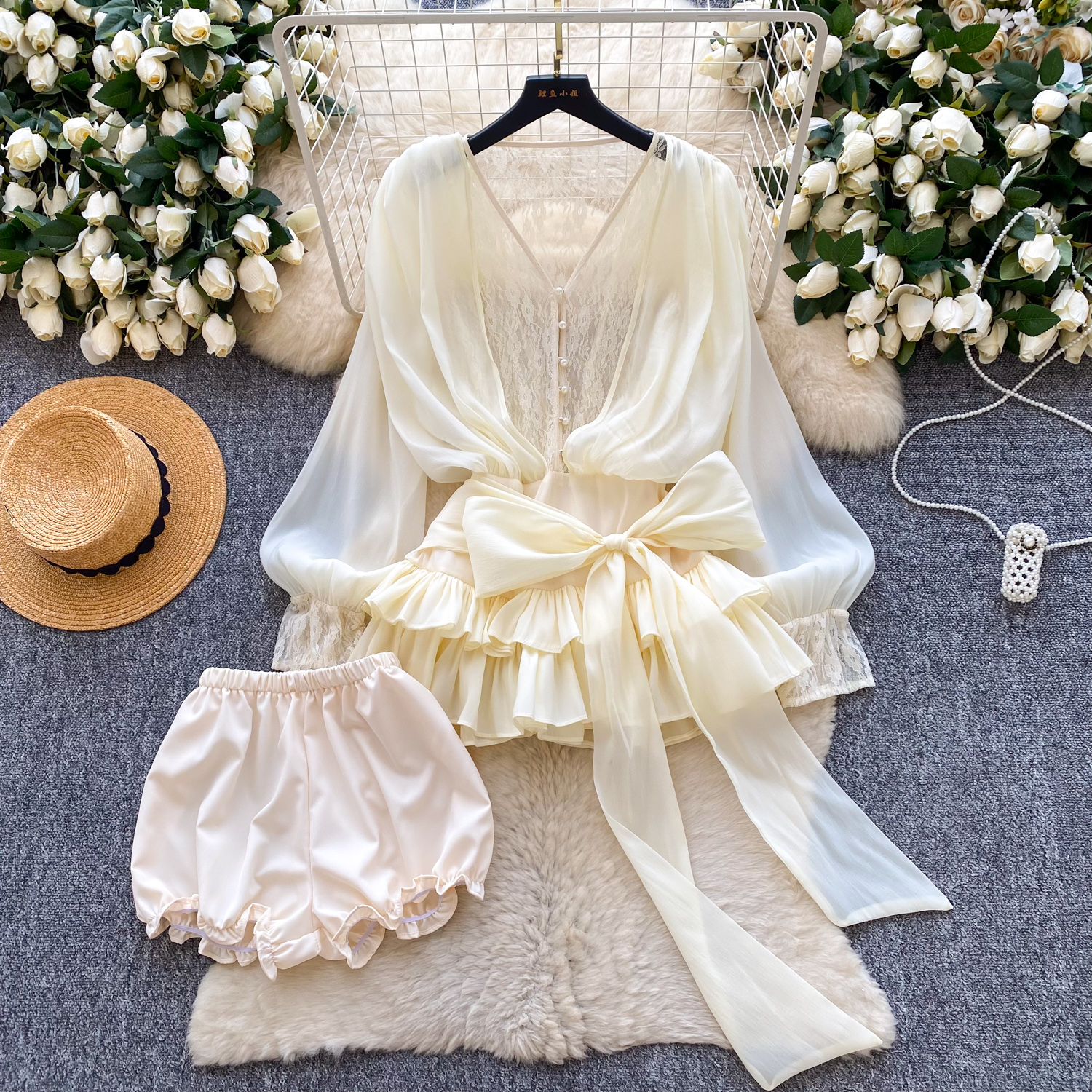 Robe de soirée en dentelle papillon, élégante, manches longues, Vintage, mode coréenne, vêtements pour femmes, ensemble deux pièces