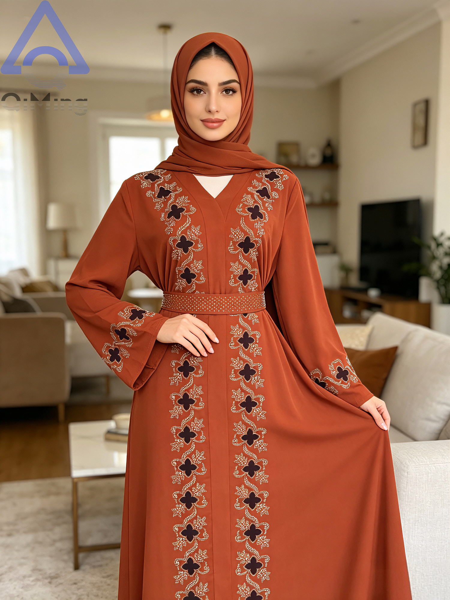 Abaya de luxe en strass de Dubaï, col en V, ceinturée, hijab, robe pour femme musulmane, kaftan de soirée, Eid Ramadan, jalabiya, vêtements islamiques