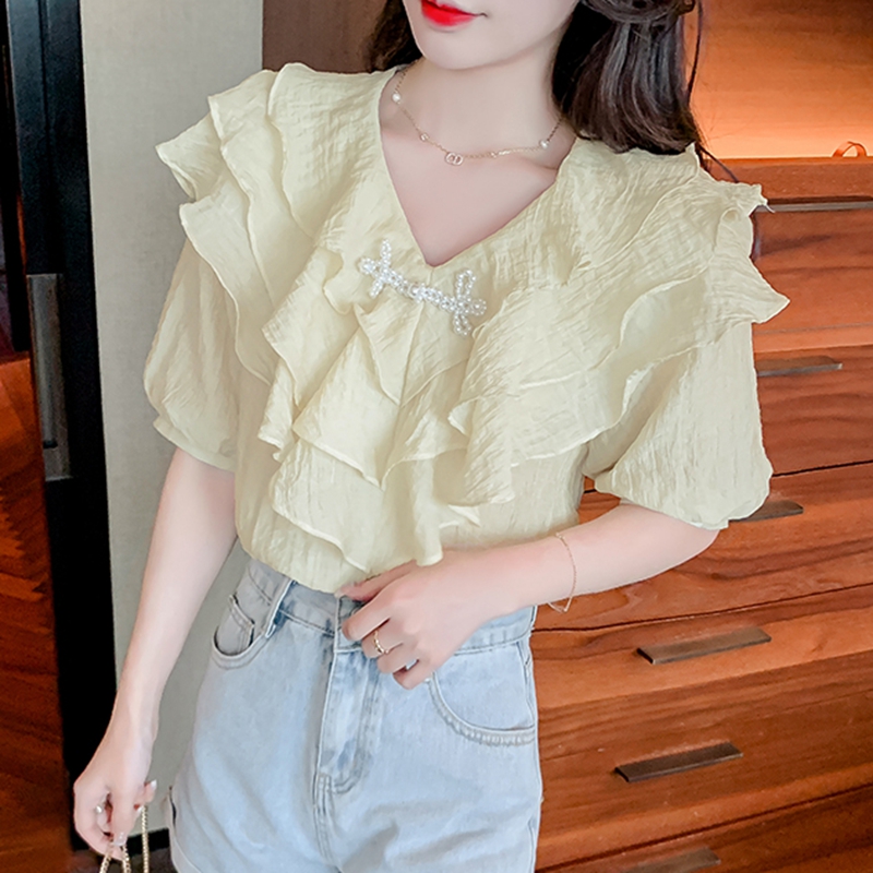 Blouses en Chiffon Blanc à Volants pour Femmes, Mode Été 2026, Blusas Décontractées Style Coréen, Manches Bouffantes Vintage Y2K, Hauts Femme