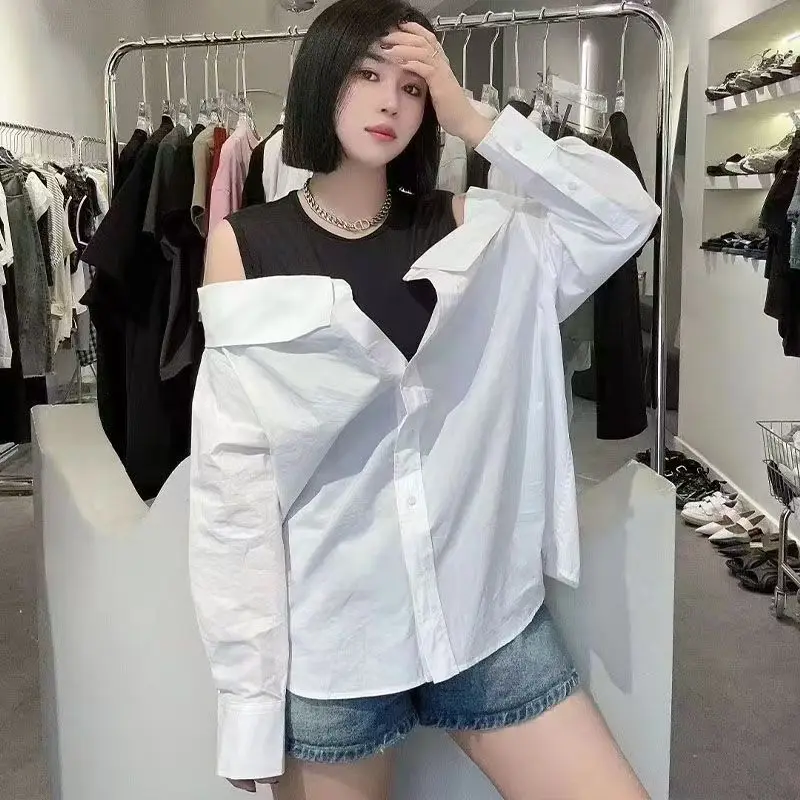 Mode coréenne chemisiers à épaules dénudées femmes mince réservoir ample épissé chemises à manches longues automne col rond femmes chemise Рубаrien Ж Dien Döncud