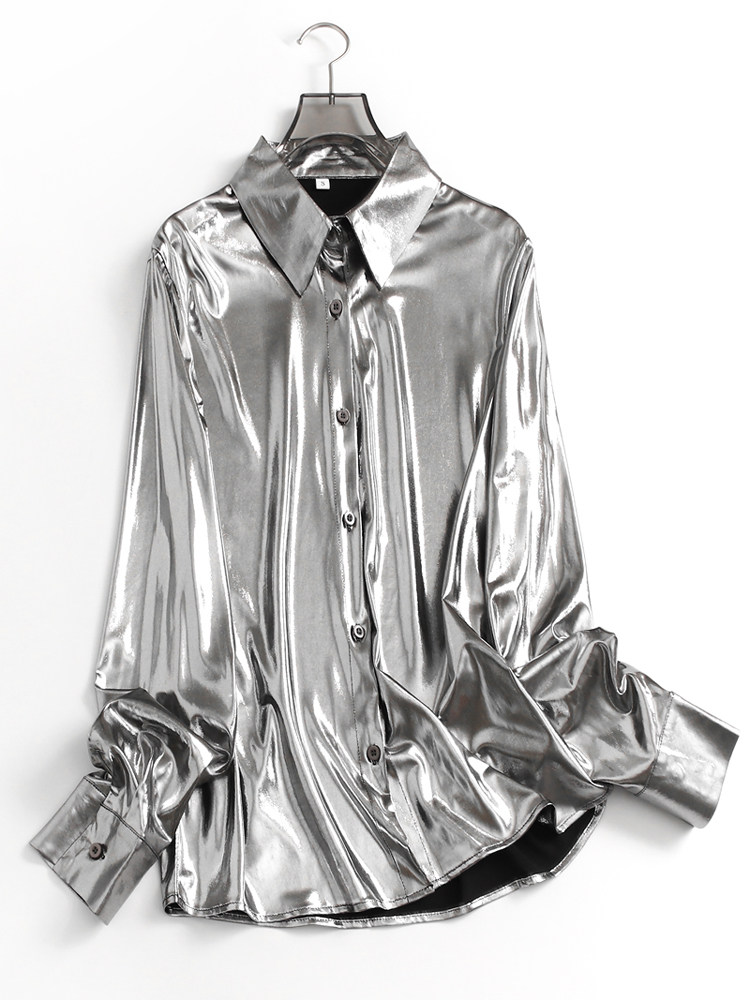 Chemisier pour femme brillant métallisé couleur unie, col rabattu, simple boutonnage, décontracté, coupe ample, polyvalent, vêtement d'extérieur