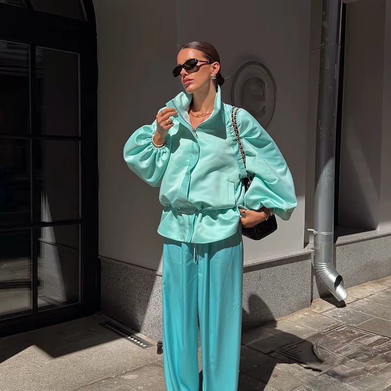 Veste rose en satin plissé avec cordon de serrage à la taille, col montant, manches longues, coupe ample pour femme – Nouvelle mode automne, tenues quotidiennes