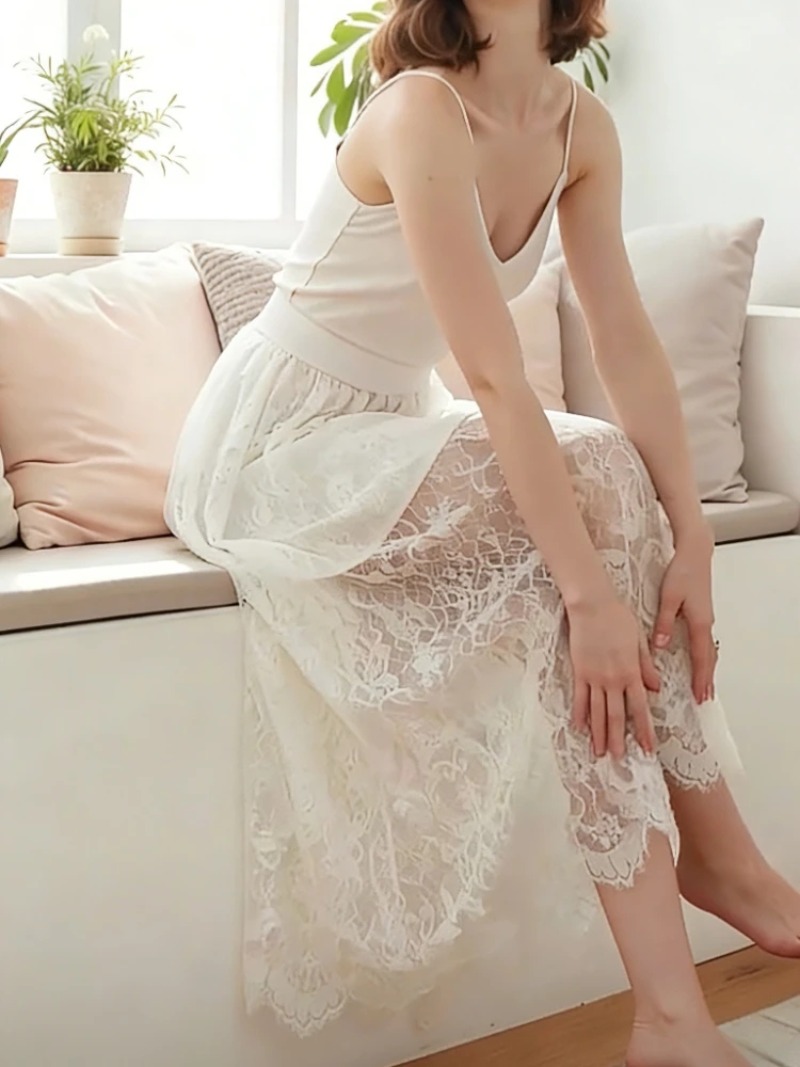 Jupe longue élégante noire en dentelle blanche transparente, jupe longue en tulle, jupe midi de plage à taille haute élastique pour femmes, livraison directe