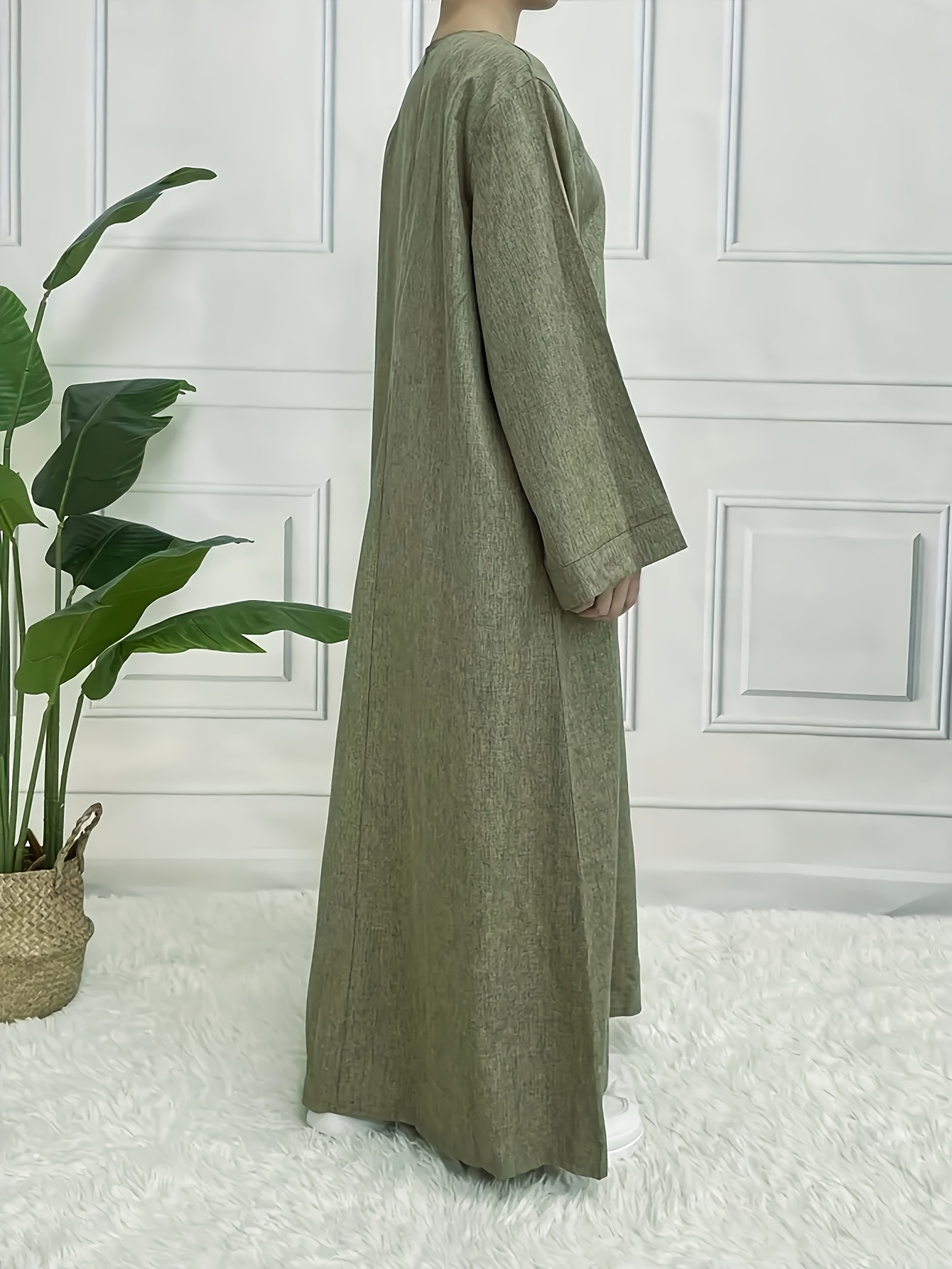 Robe longue kaftan décontractée et élégante pour femmes, col rond, manches longues, couleur unie, taille ample, pour le Ramadan