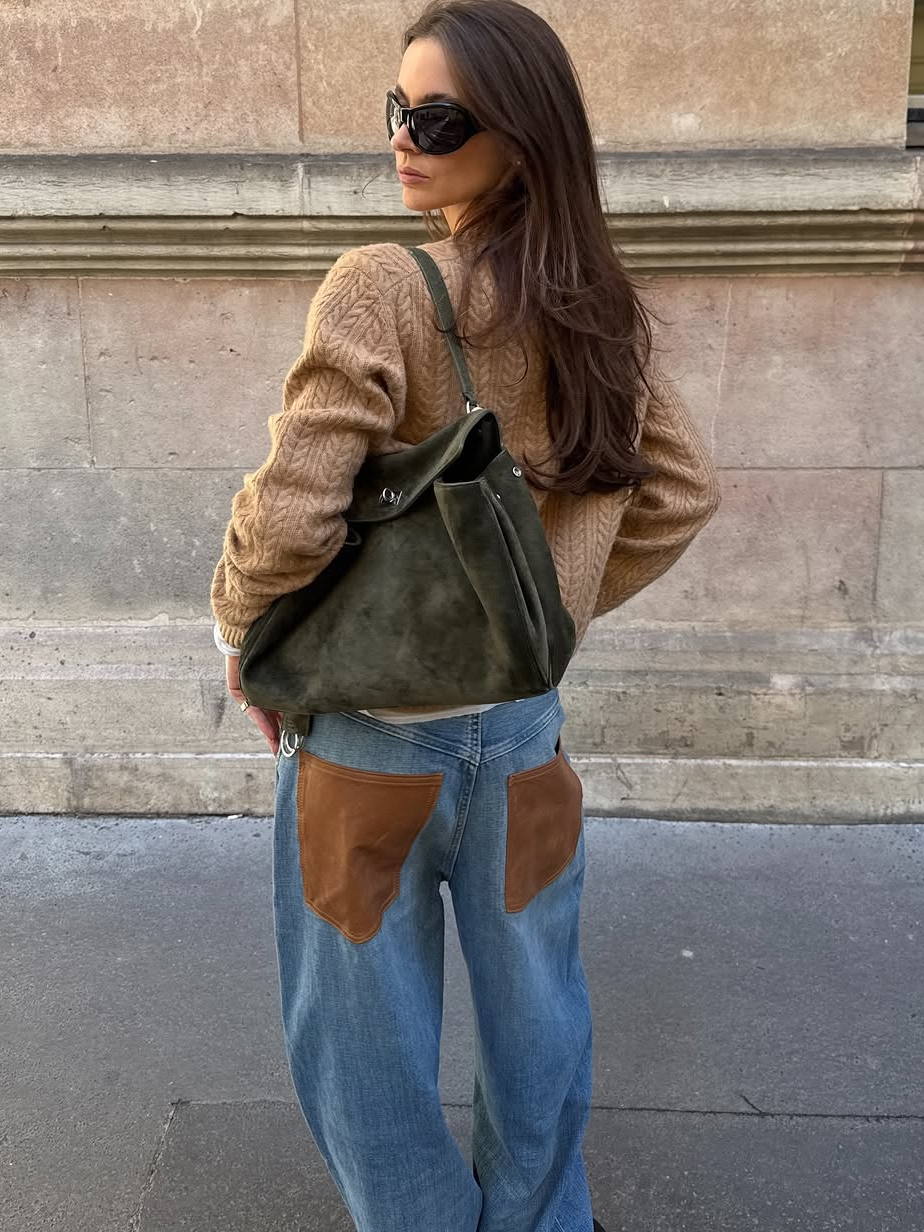 Jean pour femme taille haute, coupe large, avec poches contrastantes en cuir marron, style décontracté, en denim, collection printemps