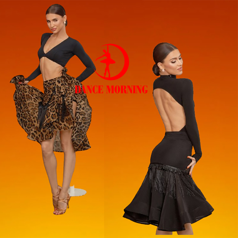 Robe de danse latine, jupe latine noire et rouge léopard, justaucorps latine, robe latine, robe Rumba ChaCha, robes latines femme zym 25061