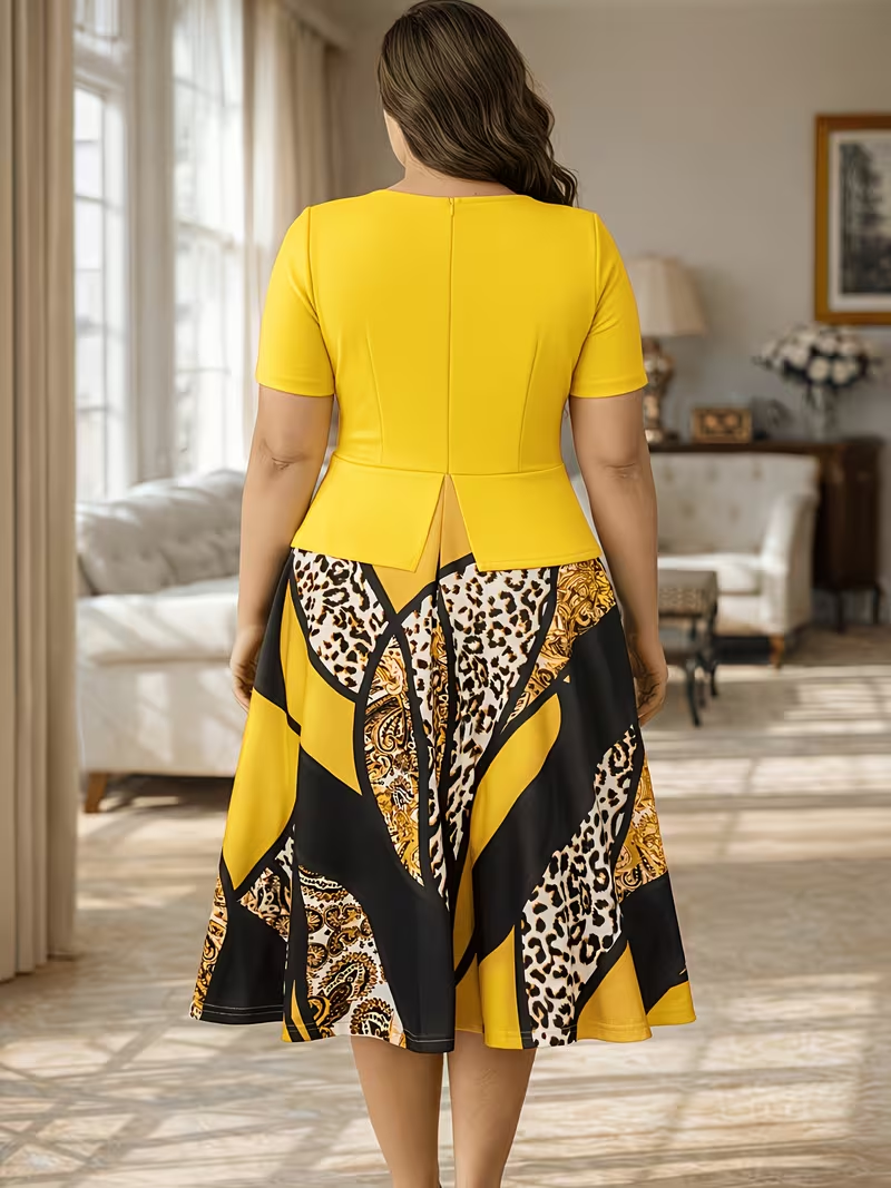 Robe midi élégante à manches courtes pour femmes grandes tailles, à motif floral, pour le travail, les cocktails, les soirées, décontractée, cintrée et évasée, style A-line