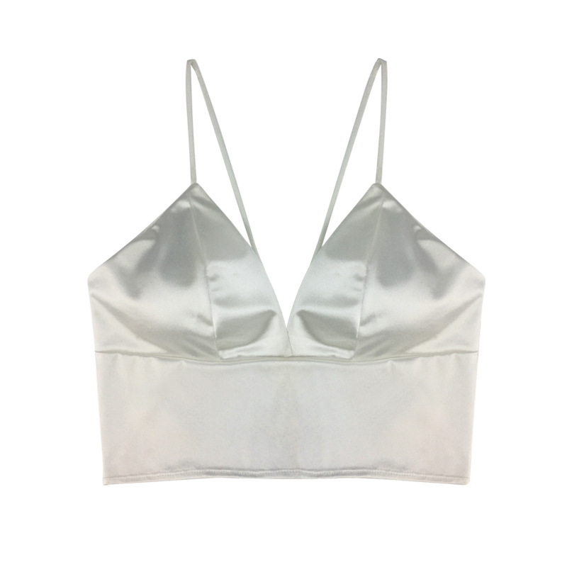 Débardeur en soie pour femmes, Camisole, bretelles Spaghetti, col en V, blanc, noir, sans manches, Streetwear, Street, avec coussinet de poitrine