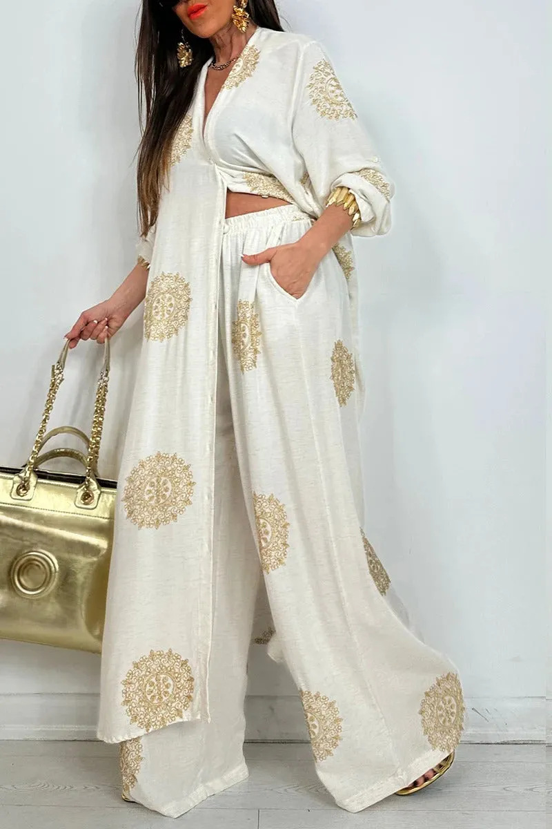 Ensemble de Robe longue et ample pour femmes, imprimé Vintage, chemise à boutons décontractée, chemisiers, pantalons à jambes larges, tenue deux pièces surdimensionnée, printemps été