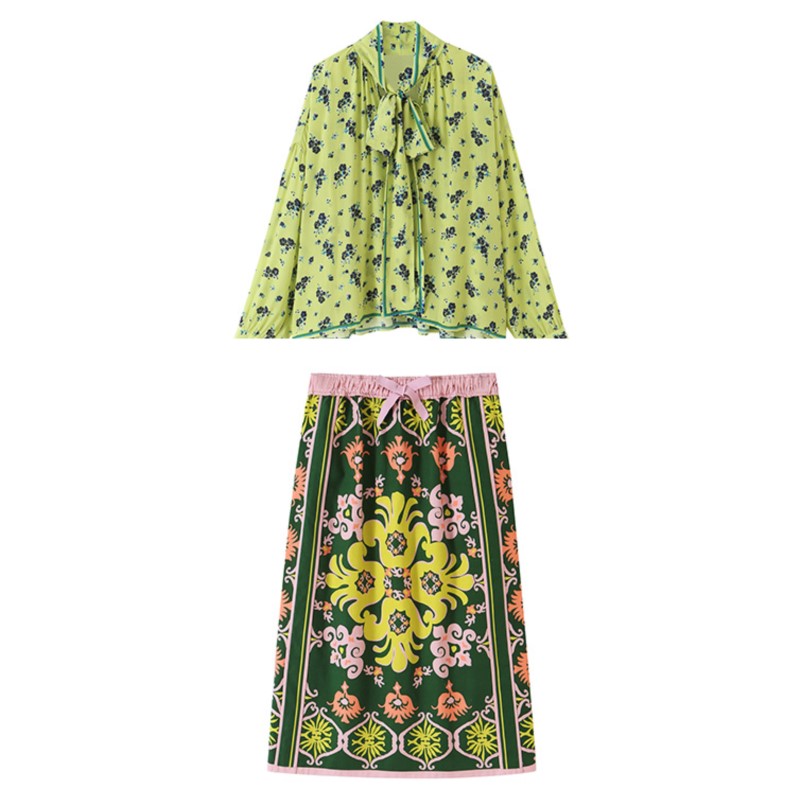 Ensemble de jupes imprimées pour femmes, automne, haut à manches longues à col en V et lacets, jupe à taille mi-haute et élastique, ensemble 2 pièces décontracté et tendance pour femmes