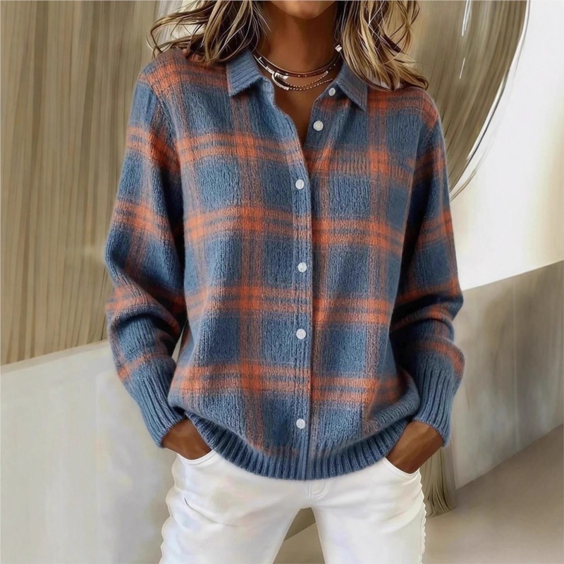 Pull décontracté pour femmes, printemps et automne, à carreaux, manches longues, col châle, pull cardigan
