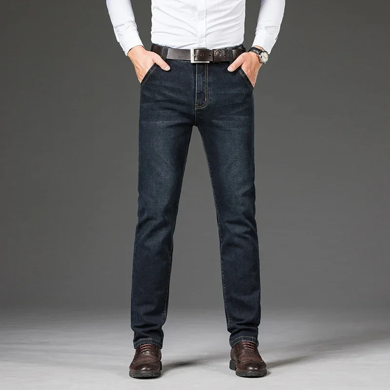 Grande taille 42 44 46 printemps automne hommes mode jean décontracté noir bleu classique affaires droite élasticité marque Denim pantalon