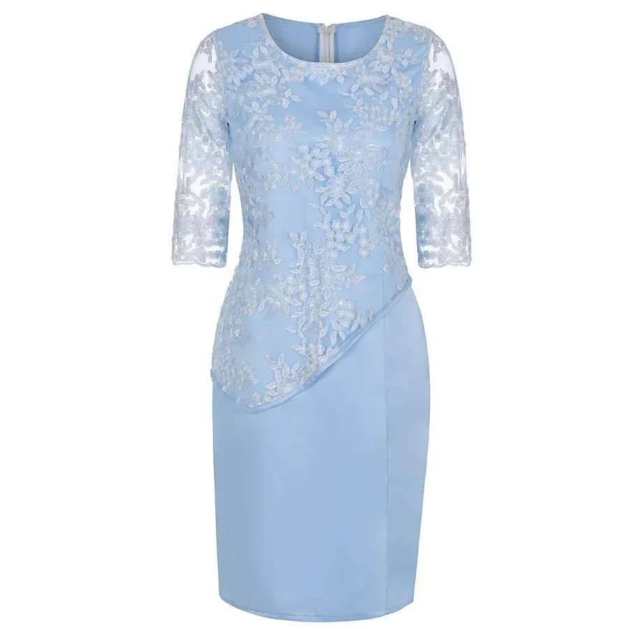 Robe Midi Grande Taille Femme 2026 5XL Élégante Col Rond Taille Haute Broderie Dentelle Manches 3/4 Robe de Soirée Vêtements Féminins