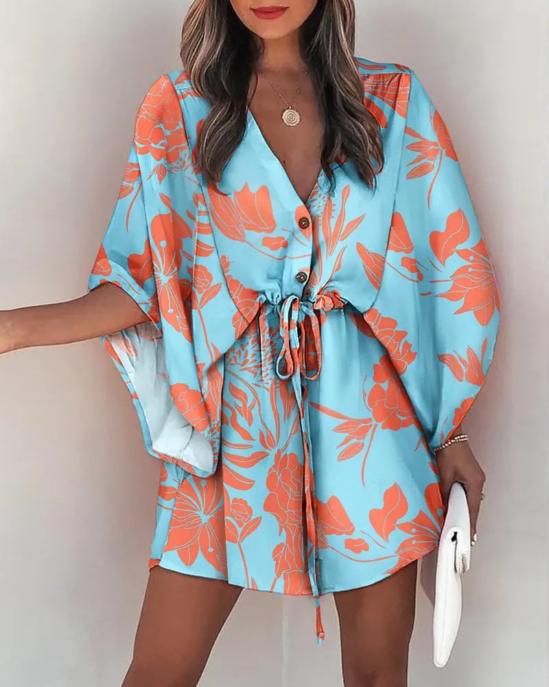 Robe d'été à imprimé floral pour femmes, manches chauve-souris, col en V, ourlet irrégulier à volants, vêtements féminins décontractés Boho, nouveau, 2024