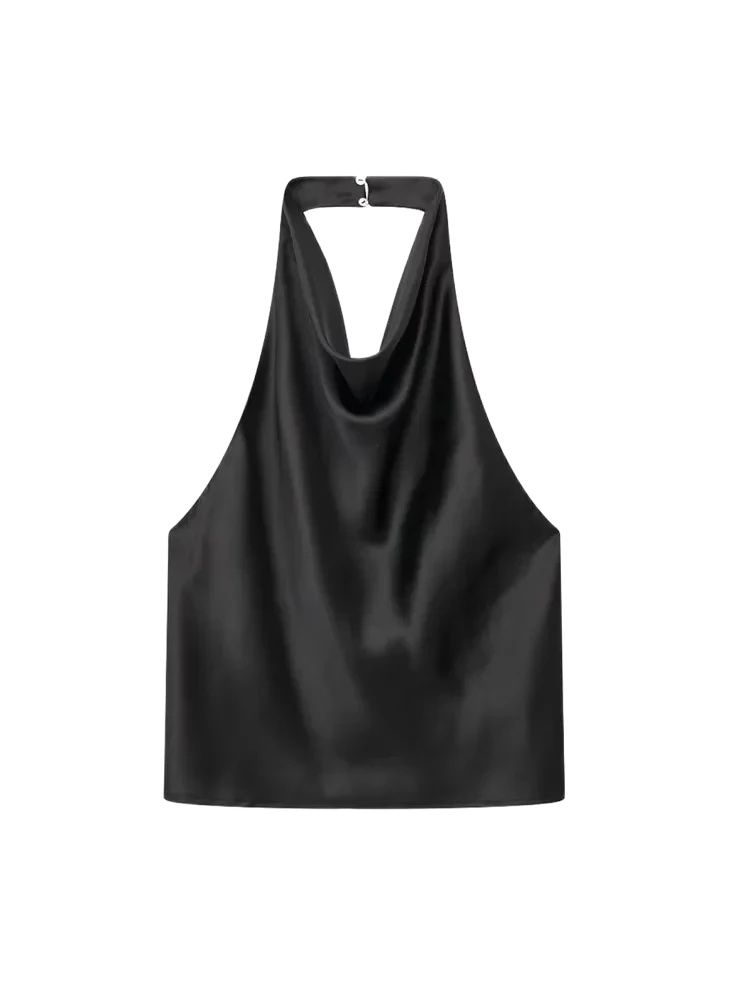 Femmes mode Satin fluide licou débardeurs Sexy dos nu avec bouton femme Camis Mujer