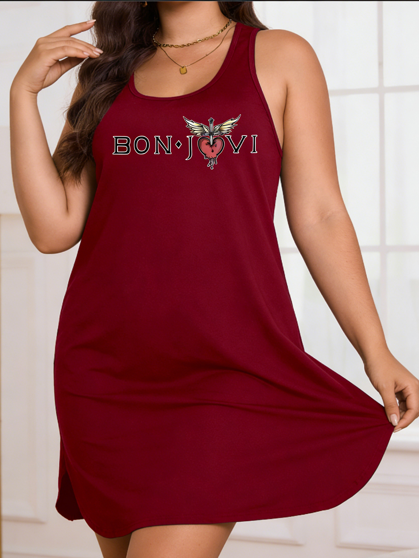 Robe sans manches grande taille pour femme - Robe d'été décontractée à imprimé lettres rock, légère et lavable en machine.