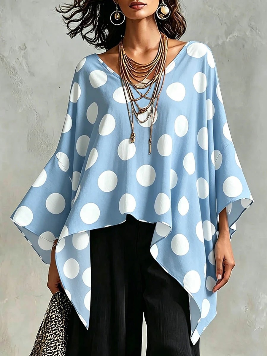 Chemisier ample en mousseline imprimé vintage pour femme, mode streetwear été 2026, chemise pull à col en V et manches trois-quarts pour femme