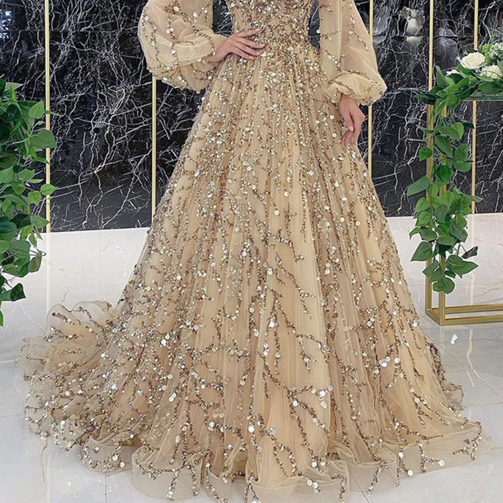 Robe de soirée pour femmes, manches lanternes, col en V, paillettes brillantes, ligne a, Double couche, longueur au sol, maille, robe de Cocktail, robe de bal