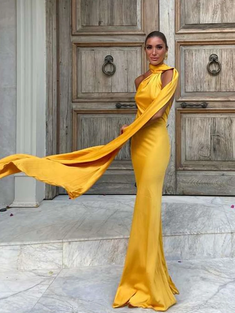 Robe longue dos nu à lacets pour femmes, Maxi, col licou, avec écharpe, couleur unie, sans manches, Slim, élégante, tenue de soirée, nouvelle collection 2024