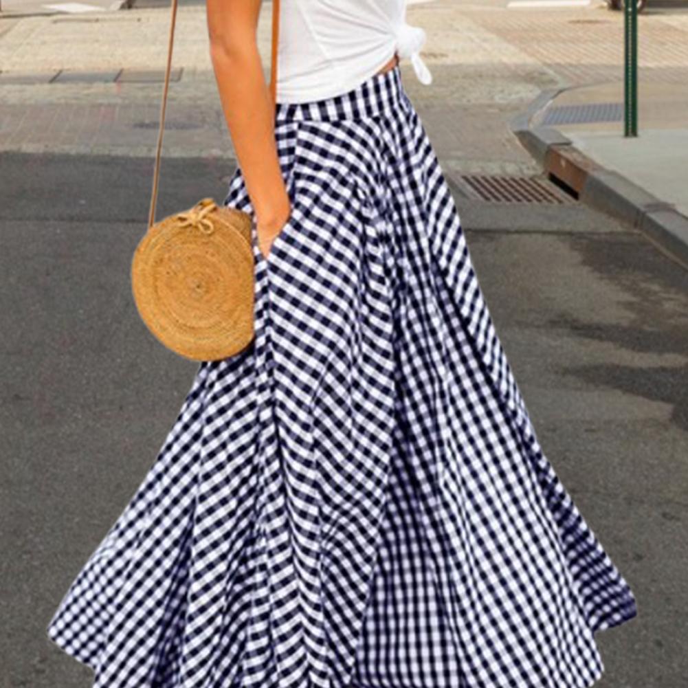 Jupes Maxi jupe longue d'été femmes jupe poches à carreaux été mince drapé jupe Maxi Streetwear jupe femme