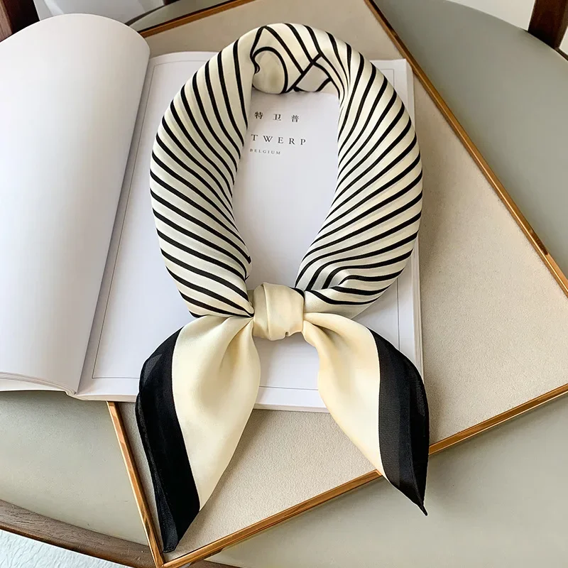 Foulard carré à carreaux en soie pour femmes, marque de luxe, Satin, cravate pour cheveux, bandeau de travail doux, nouvelle tête Hijab, 2024