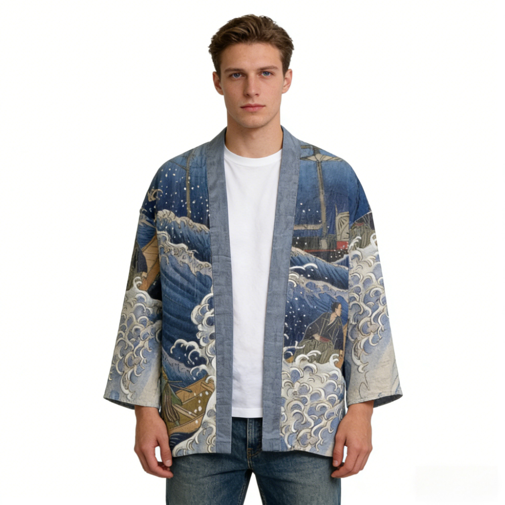 Kimono Cardigan à Imprimé Artistique, Veste Orientale Ample à Col Ouvert, Légère en Coton, Manches Longues, Idéal pour la Plage et les Vacances d'Été
