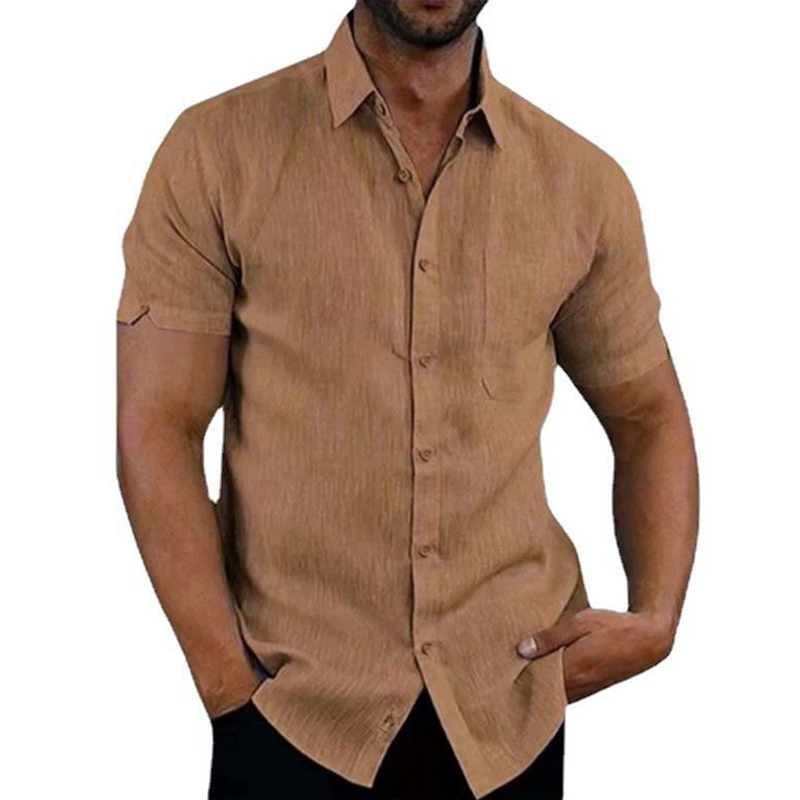 Chemises d'Été en Coton et Lin pour Homme, Chemisiers Décontractés à Manches Courtes, Couleur Unie, Col Rabattu, Vêtements de Plage Formels