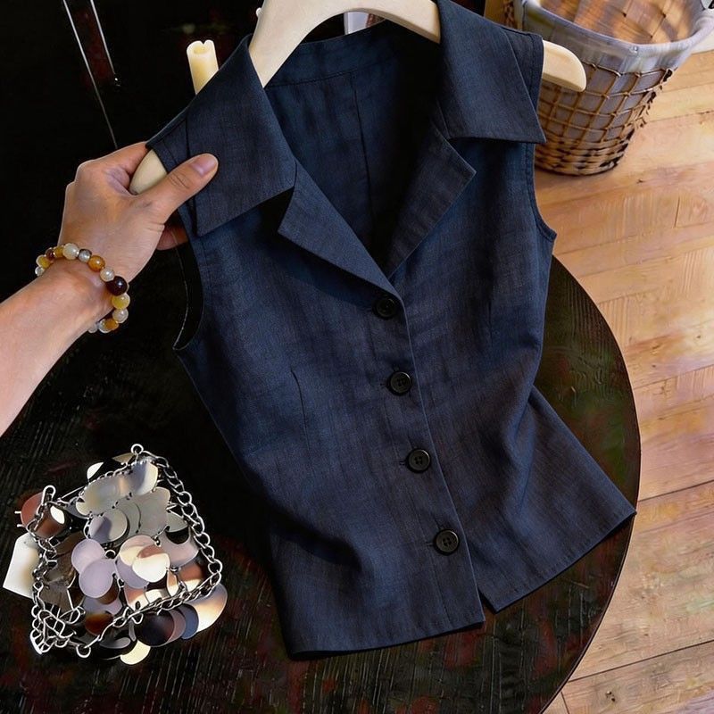 Nouvelle Blouse Élégante Sans Manches pour Femme, Coupe Slim, Boutonnée, Unie, Simple et Polyvalente, Mode Été, Idéale pour le Bureau