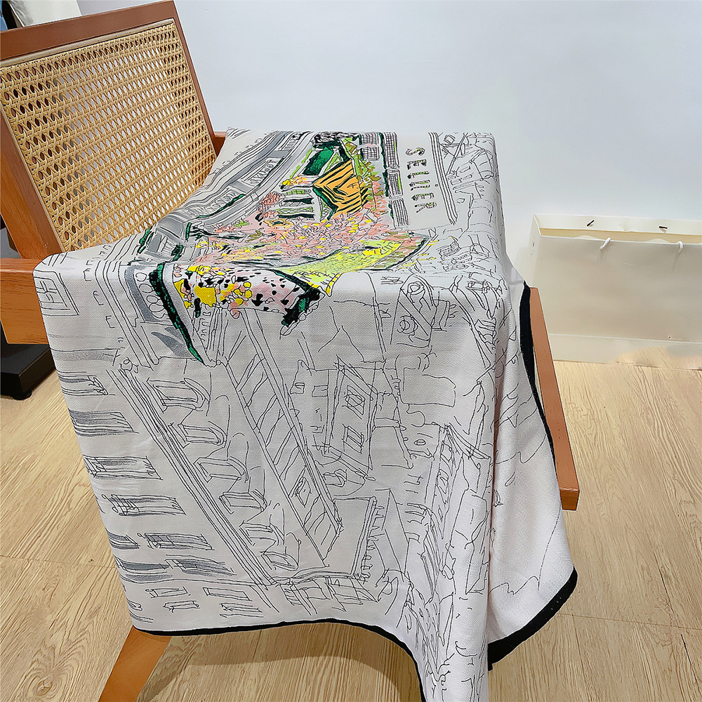 Écharpe en Cachemire pour Femme, Châle Roulé à la Main, Imprimé Ville de Nuit, Carré, Bandana, Grands Hijabs, 130cm