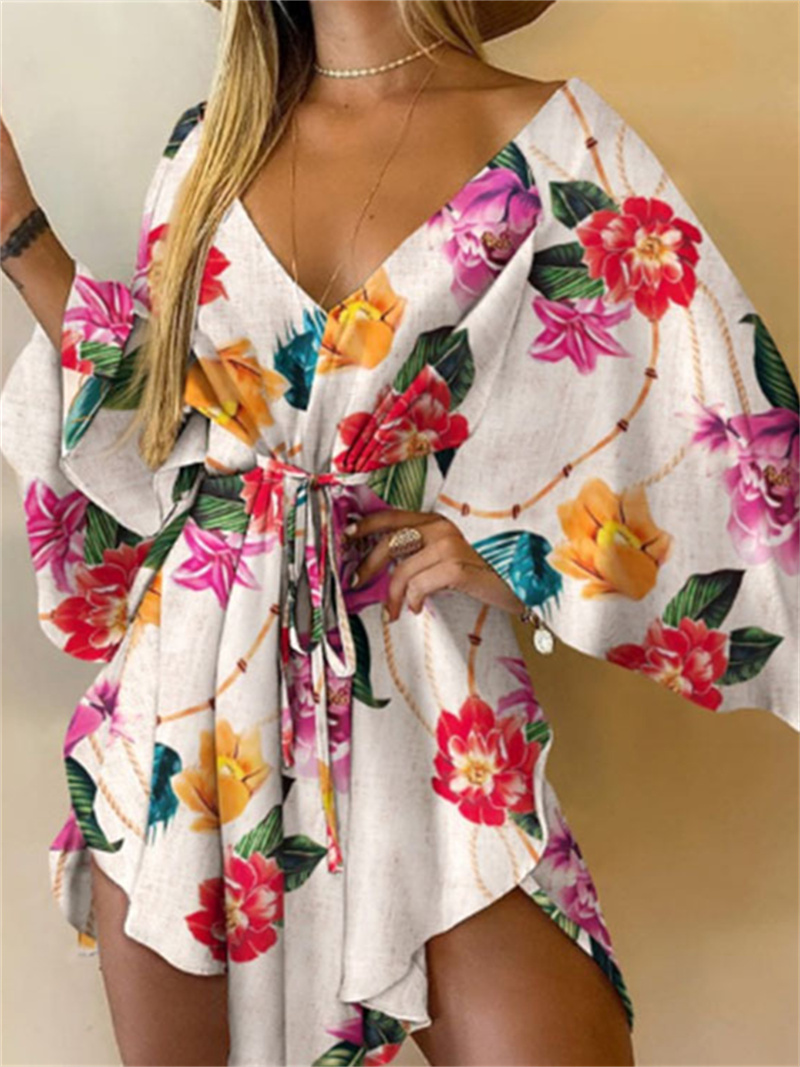 Robe de plage kimono à imprimé floral pour femme, col en V, manches chauve-souris et taille à nouer