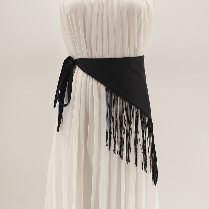 Ceinture de taille élégante en tissu noir pour femmes, avec pompons à franges, pour robes, chemises et jupes, couverture de taille pour femmes