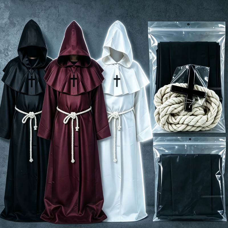 Robe de Prêtre Rétro, Costume de Cosplay d'Halloween, Cape de Sorcier Fantaisie Punk, Masque, Robe de Moine Médiévale, Capuche de Moine