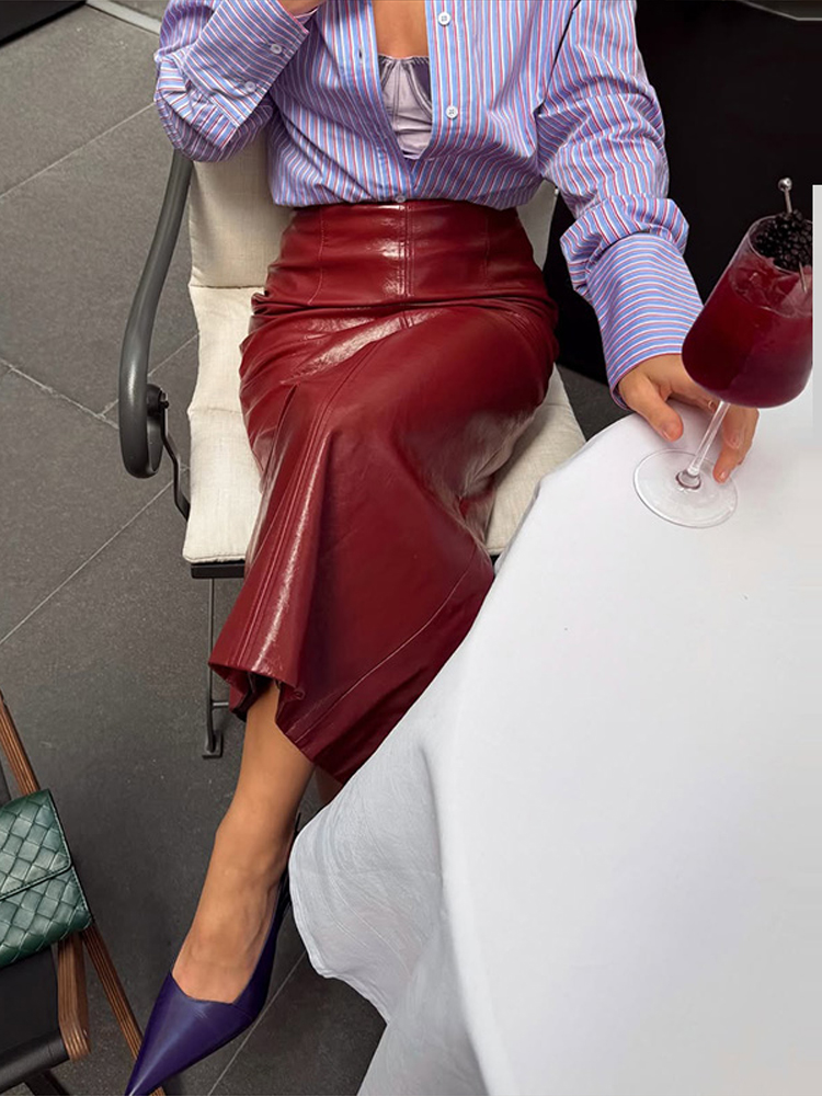 Ensemble 2 pièces pour femmes, veste zippée en simili cuir ciré brillant et jupe mi-longue fendue taille haute, ensemble assorti streetwear d'automne