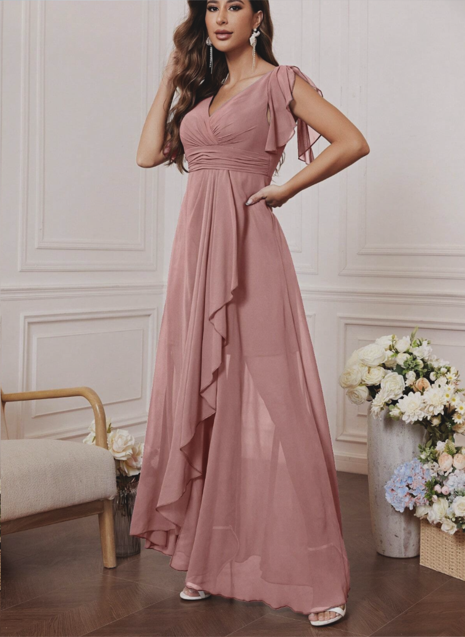 Robe en mousseline à col en V, manches en forme de feuille de lotus, taille haute, plissée, jupe fluide, robe de demoiselle d'honneur, longue robe de soirée de style français