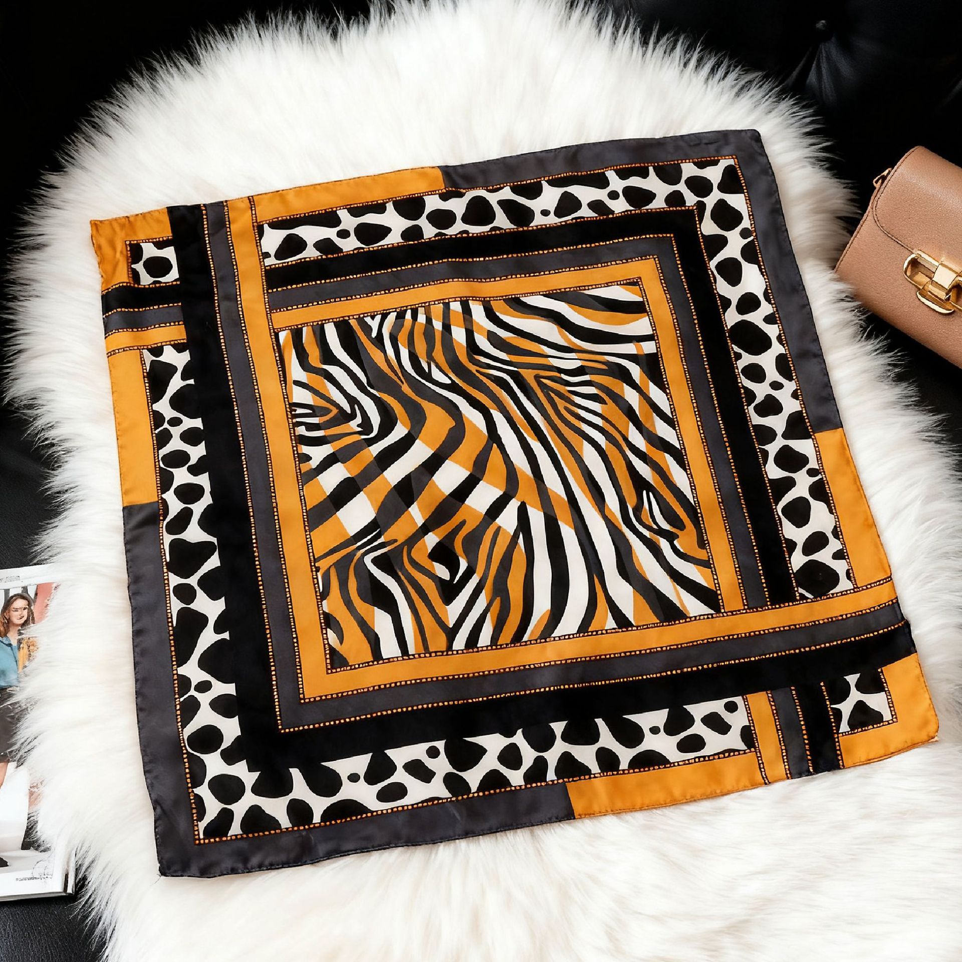 Foulard carré en soie 70x70cm pour femme, design de luxe, châle en satin, imprimé zèbre, bandana, petit foulard de cou, hijab, foulards pour cheveux