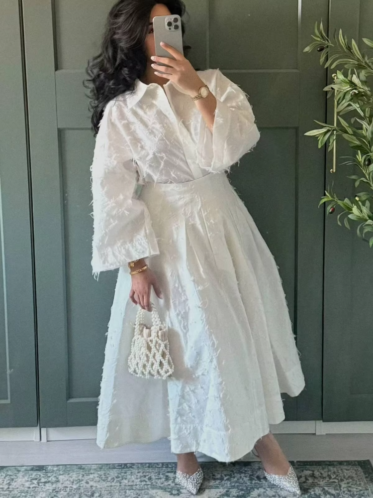 Mode femmes chemise jupe costume à manches longues col rabattu solide dame ensemble 2025 printemps été décontracté 2 pièces ensemble femmes