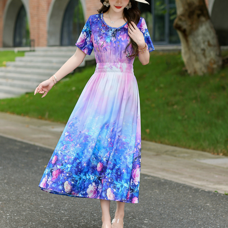 Robe d'été pour femmes, imprimé Floral, manches courtes, élégante, Vintage, col rond, vêtements pour femmes, nouvelle mode 2025