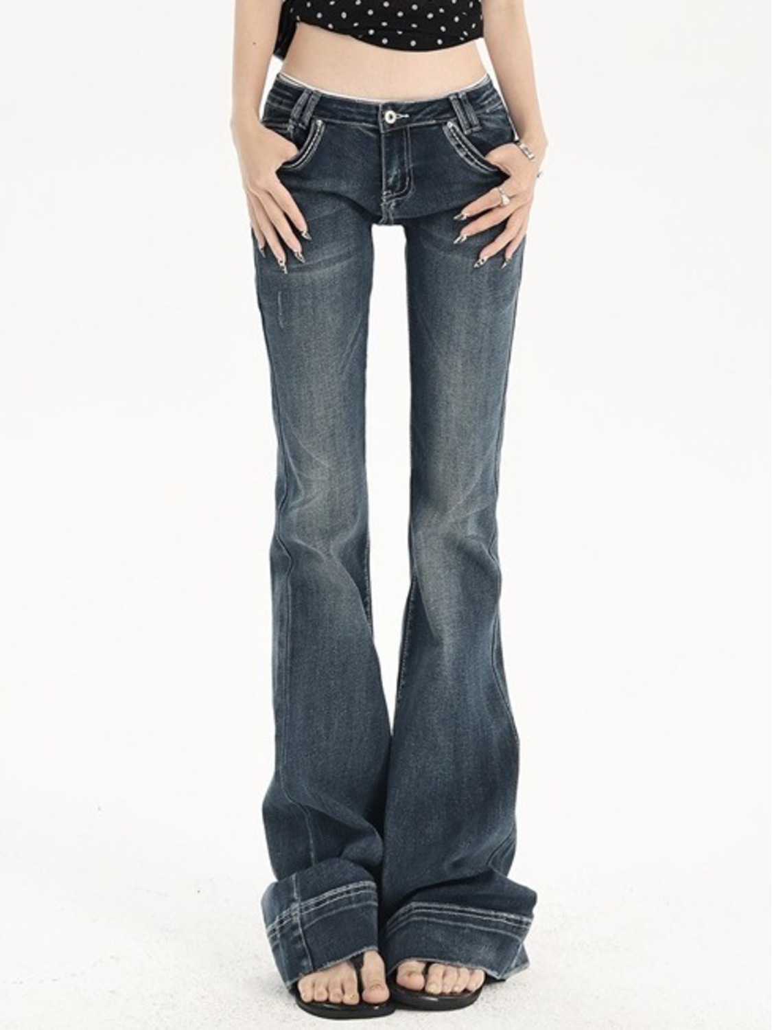 Jean bootcut vintage délavé taille basse pour femme, coupe légèrement évasée, style rétro Y2K