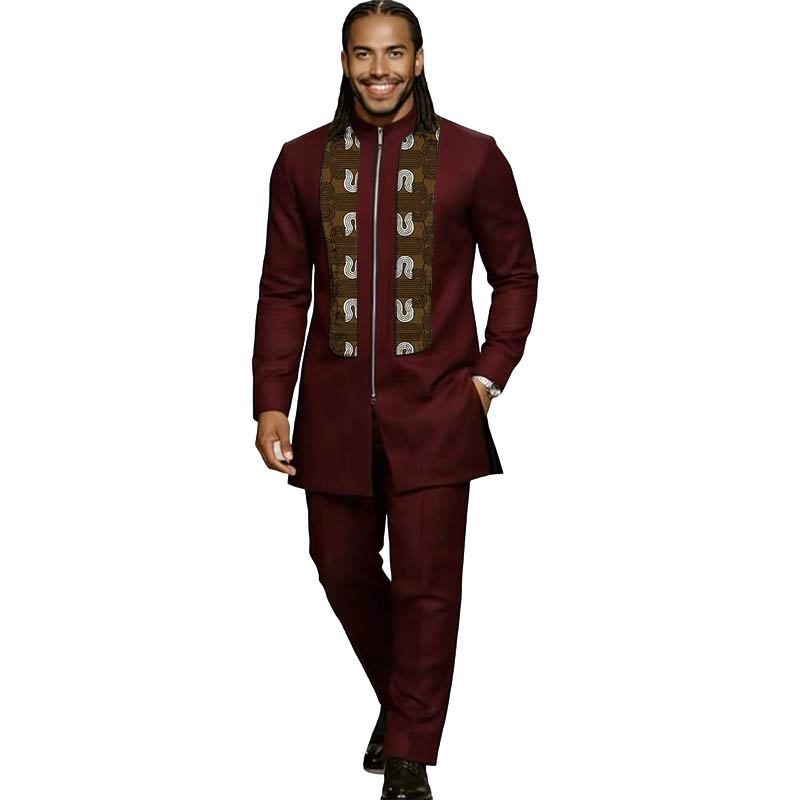 Costume bordeaux élastique pour homme, ensemble de couture africaine, haut à manches longues avec pantalon, costume de scène de mode nigériane