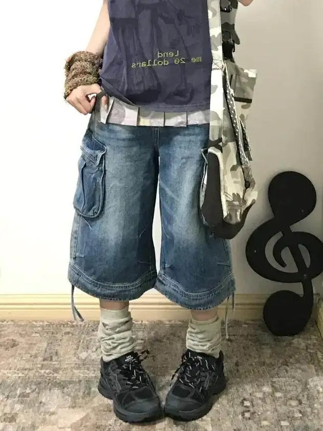 Shorts en jean cargo rétro américain pour femme, style Y2K années 2000, coupe boyfriend, longueur mollet, denim, style japonais Harajuku, mode urbaine